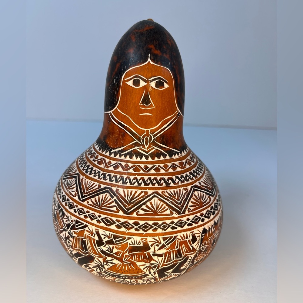 Vintage Peruvian Gourd Folk Art Hand Carved And Painted Figurine Rattle 6"